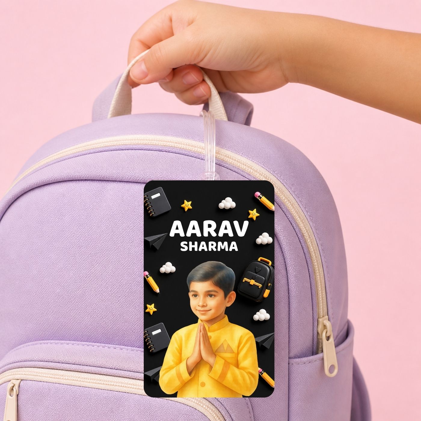 Brandian (Pack of 2) Personalized Bag Tags for Kids – Black Theme | Custom Name, Photo & Contact Info | School Bag, Travel, Luggage, Backpack ID Labels | Durable with Silicone Loop