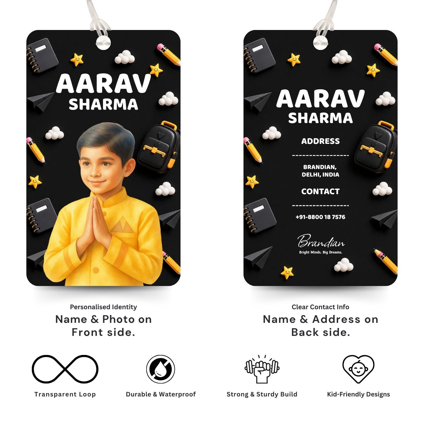 Brandian (Pack of 2) Personalized Bag Tags for Kids – Black Theme | Custom Name, Photo & Contact Info | School Bag, Travel, Luggage, Backpack ID Labels | Durable with Silicone Loop