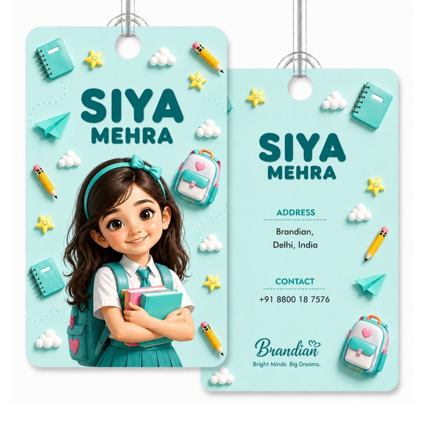 Brandian (Pack of 2) Personalized Bag Tags for Kids – Sea Green Theme | Custom Name, Photo & Contact Info | School Bag, Travel, Luggage, Backpack ID Labels | Durable with Silicone Loop