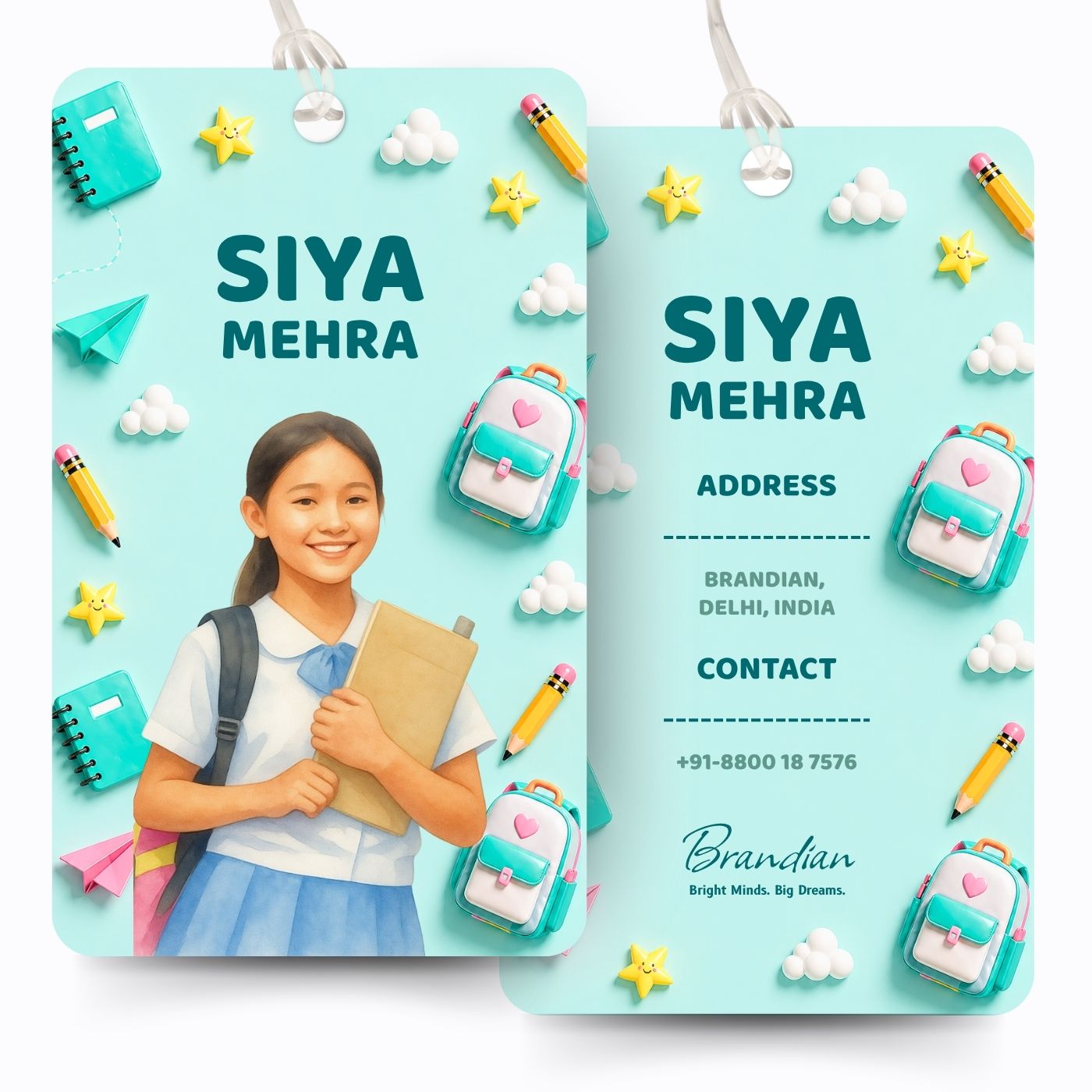 Brandian (Pack of 2) Personalized Bag Tags for Kids – Sea Green Theme | Custom Name, Photo & Contact Info | School Bag, Travel, Luggage, Backpack ID Labels | Durable with Silicone Loop