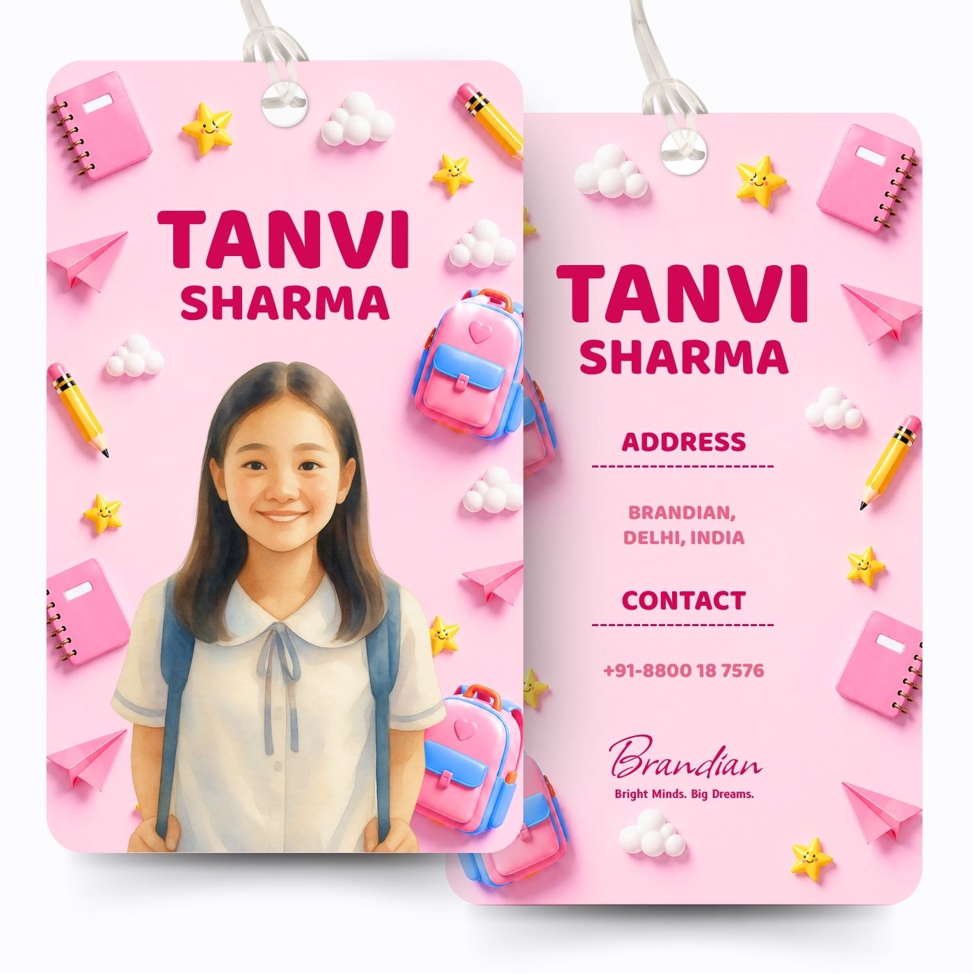 Brandian (Pack of 2) Personalized Bag Tags for Kids – Pink Theme | Custom Name, Photo & Contact Info | School Bag, Travel, Luggage, Backpack ID Labels | Durable with Silicone Loop