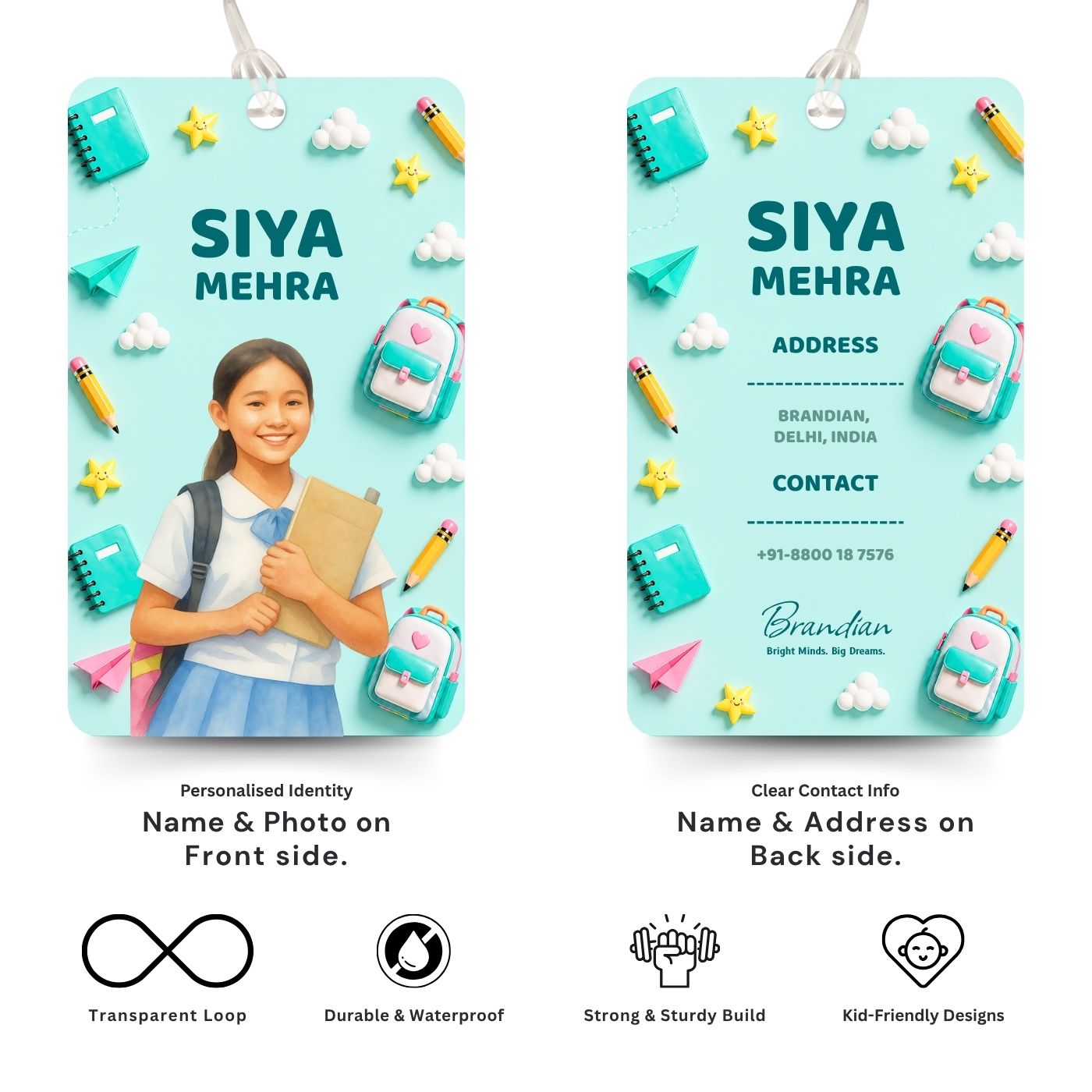 Brandian (Pack of 2) Personalized Bag Tags for Kids – Sea Green Theme | Custom Name, Photo & Contact Info | School Bag, Travel, Luggage, Backpack ID Labels | Durable with Silicone Loop