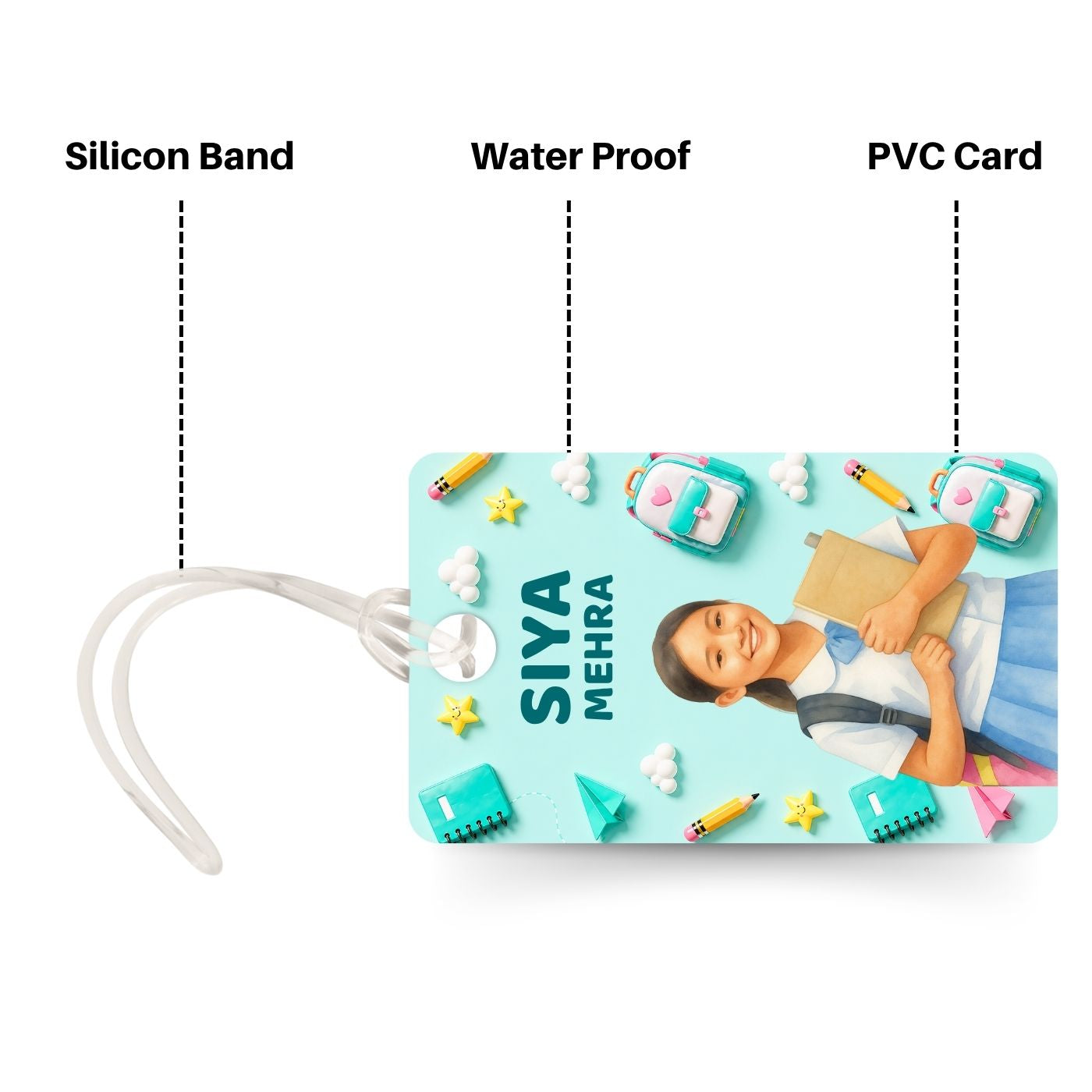 Brandian (Pack of 2) Personalized Bag Tags for Kids – Sea Green Theme | Custom Name, Photo & Contact Info | School Bag, Travel, Luggage, Backpack ID Labels | Durable with Silicone Loop