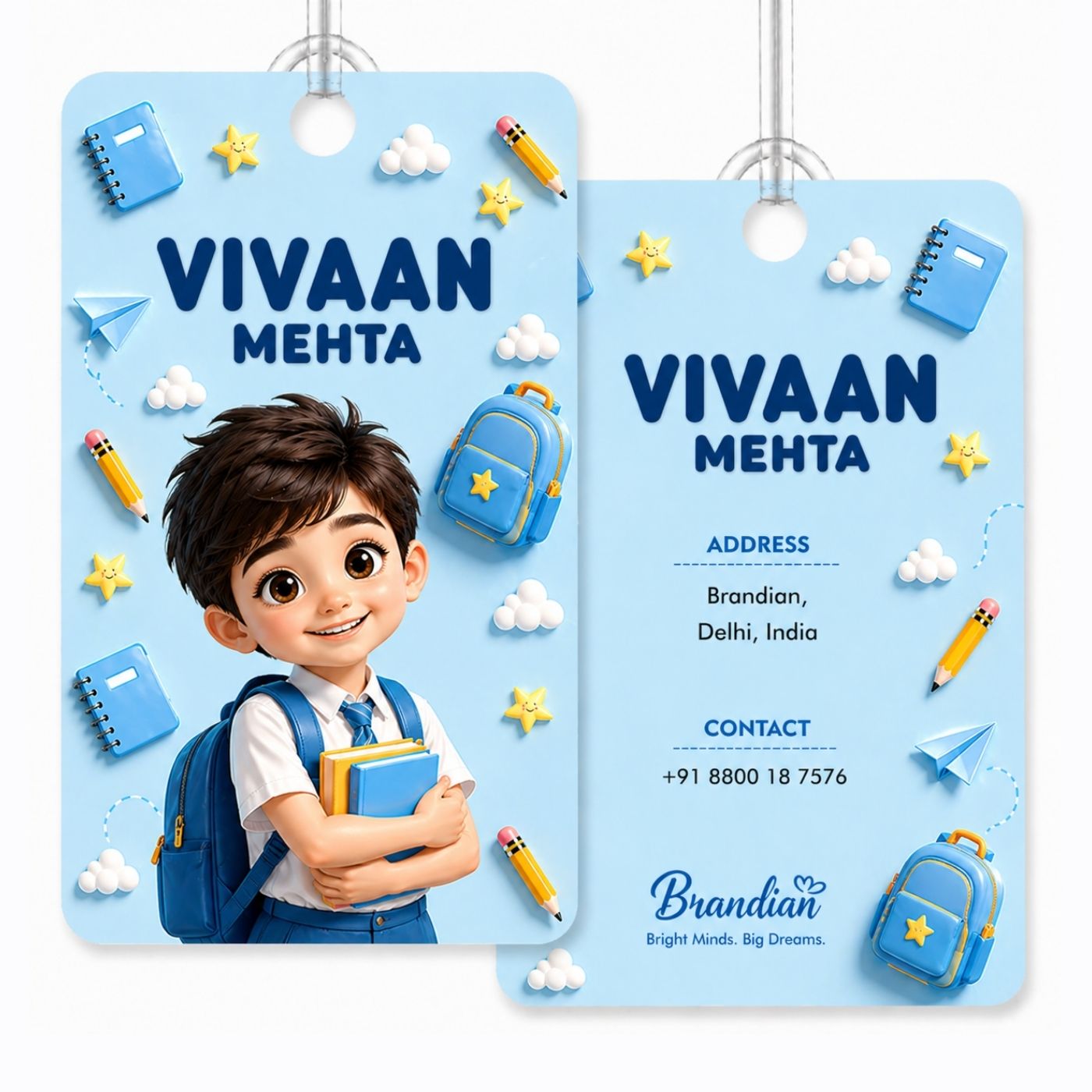 Brandian (Pack of 2) Personalized Bag Tags for Kids – Sky Blue Theme | Custom Name, Photo & Contact Info | School Bag, Travel, Luggage, Backpack ID Labels | Durable with Silicone Loop