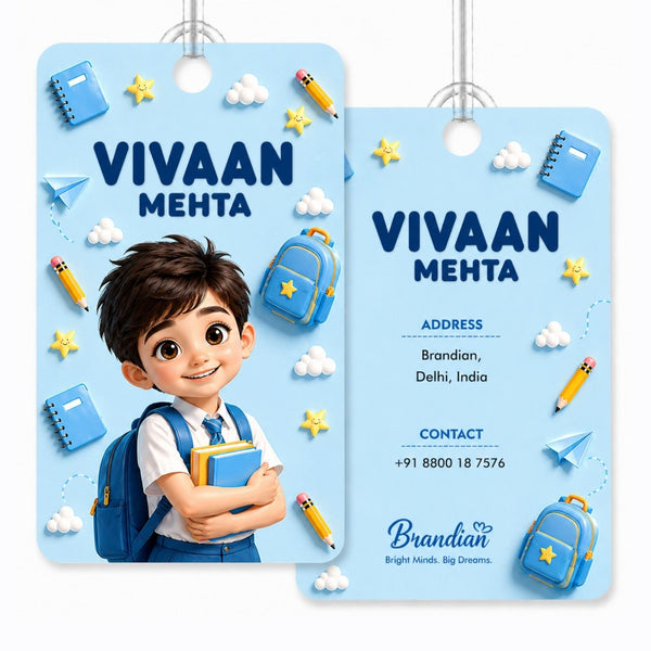 Brandian (Pack of 2) Personalized Bag Tags for Kids – Sky Blue Theme | Custom Name, Photo & Contact Info | School Bag, Travel, Luggage, Backpack ID Labels | Durable with Silicone Loop