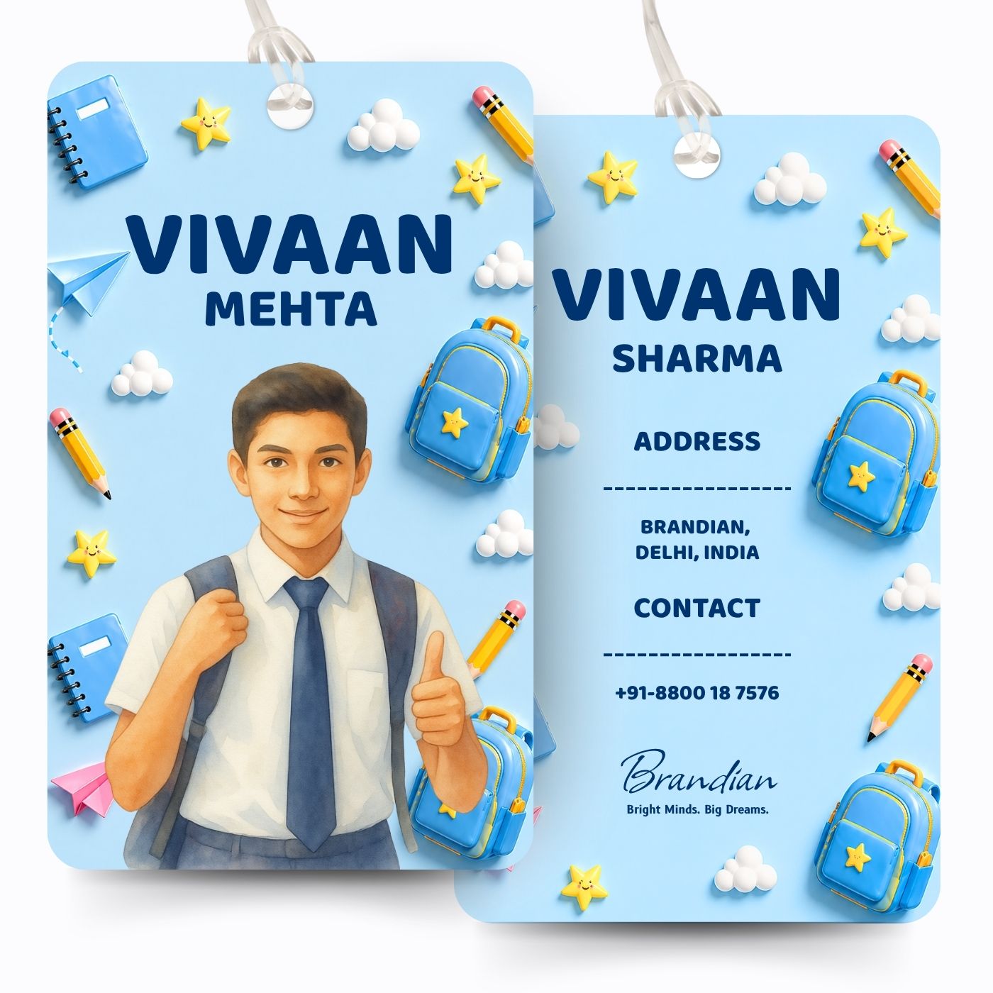 Brandian (Pack of 2) Personalized Bag Tags for Kids – Sky Blue Theme | Custom Name, Photo & Contact Info | School Bag, Travel, Luggage, Backpack ID Labels | Durable with Silicone Loop