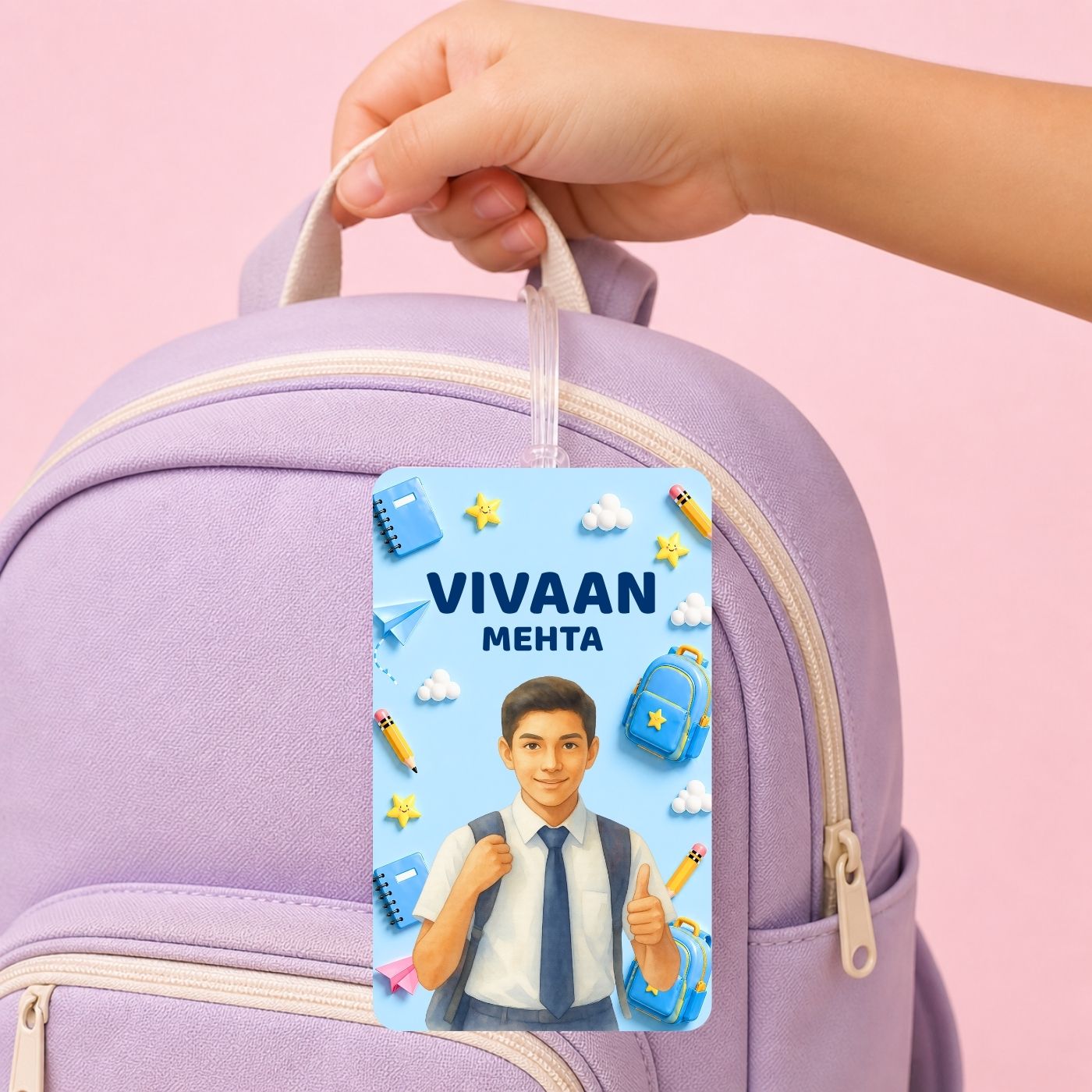 Brandian (Pack of 2) Personalized Bag Tags for Kids – Sky Blue Theme | Custom Name, Photo & Contact Info | School Bag, Travel, Luggage, Backpack ID Labels | Durable with Silicone Loop