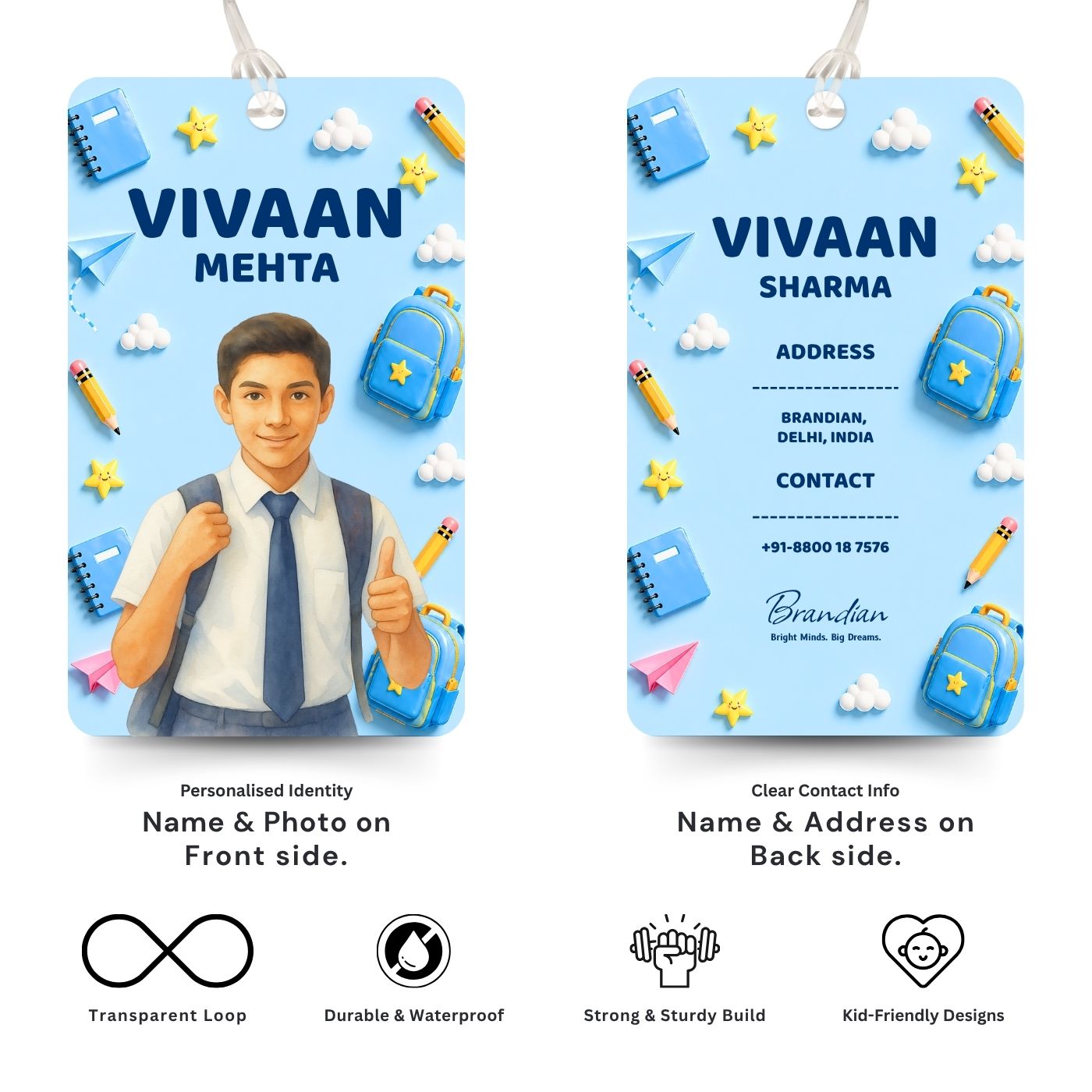 Brandian (Pack of 2) Personalized Bag Tags for Kids – Sky Blue Theme | Custom Name, Photo & Contact Info | School Bag, Travel, Luggage, Backpack ID Labels | Durable with Silicone Loop