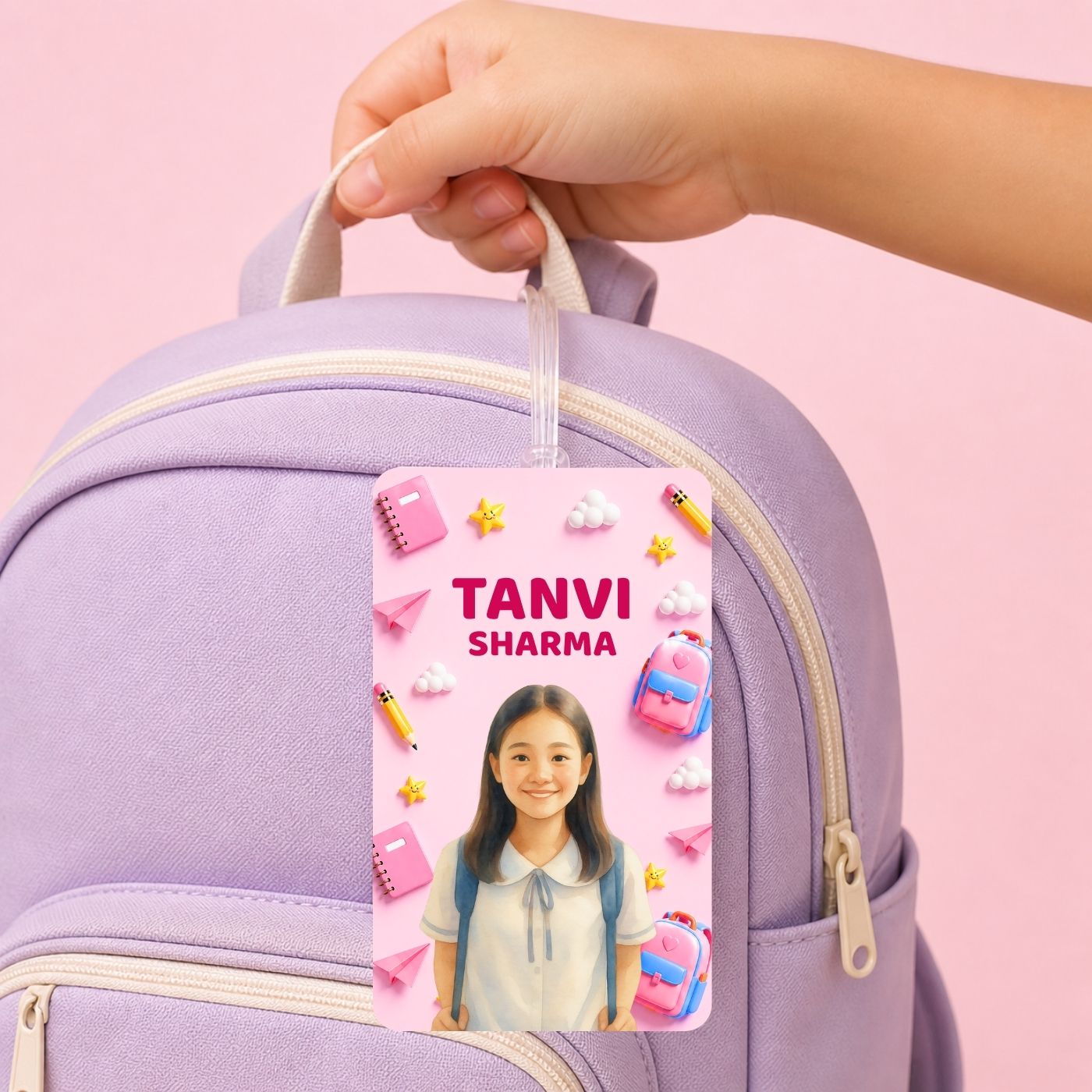 Brandian (Pack of 2) Personalized Bag Tags for Kids – Pink Theme | Custom Name, Photo & Contact Info | School Bag, Travel, Luggage, Backpack ID Labels | Durable with Silicone Loop