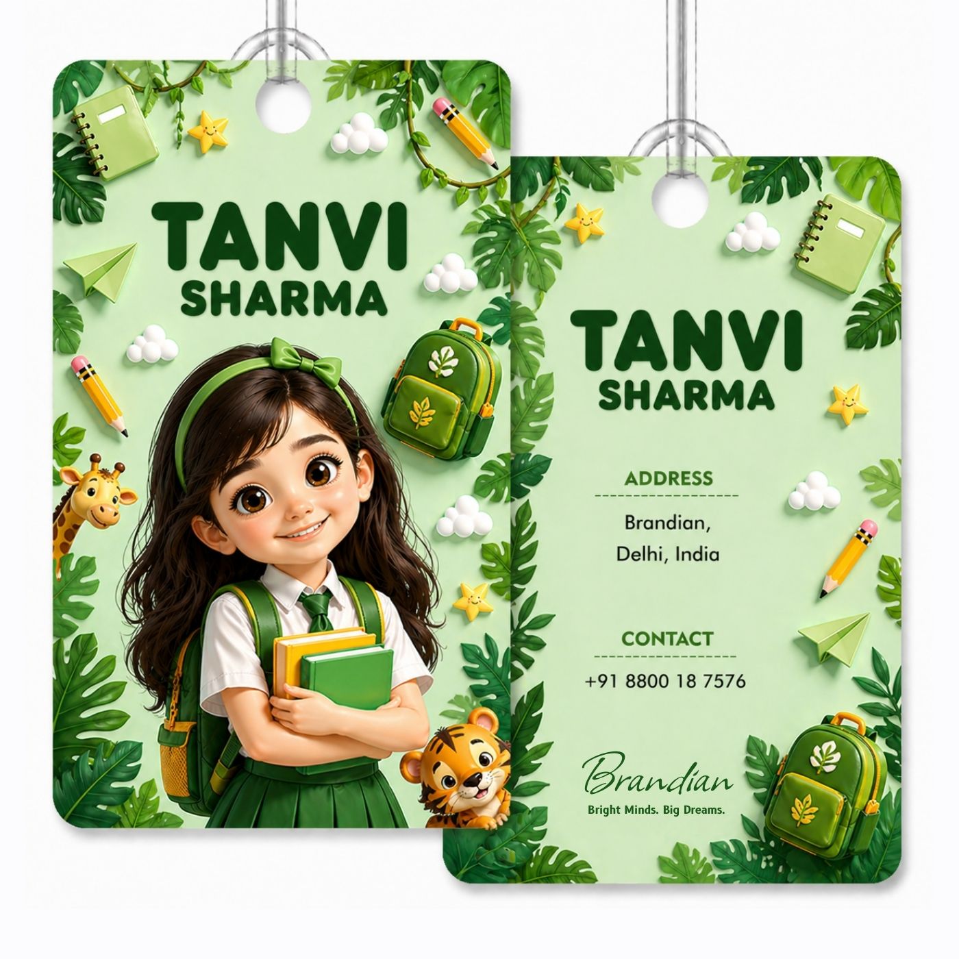 Brandian (Pack of 2) Personalized Bag Tags for Kids – Jungle Theme | Custom Name, Photo & Contact Info | School Bag, Travel, Luggage, Backpack ID Labels | Durable with Silicone Loop