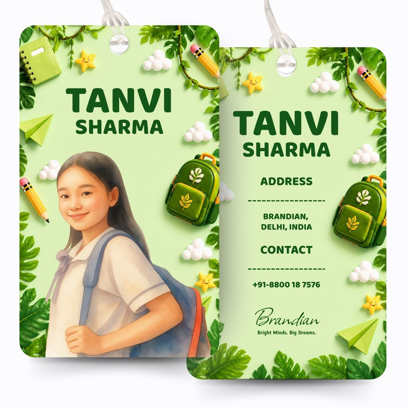 Brandian (Pack of 2) Personalized Bag Tags for Kids – Jungle Theme | Custom Name, Photo & Contact Info | School Bag, Travel, Luggage, Backpack ID Labels | Durable with Silicone Loop