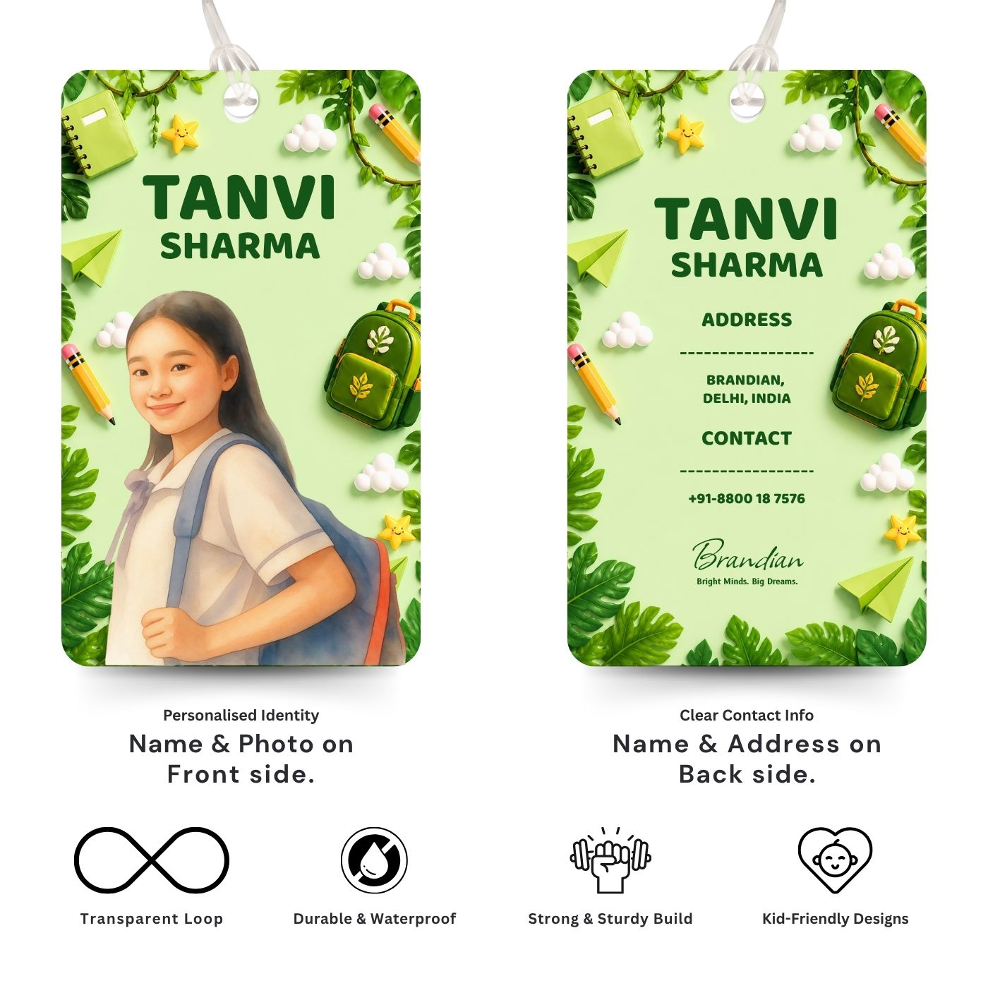 Brandian (Pack of 2) Personalized Bag Tags for Kids – Jungle Theme | Custom Name, Photo & Contact Info | School Bag, Travel, Luggage, Backpack ID Labels | Durable with Silicone Loop