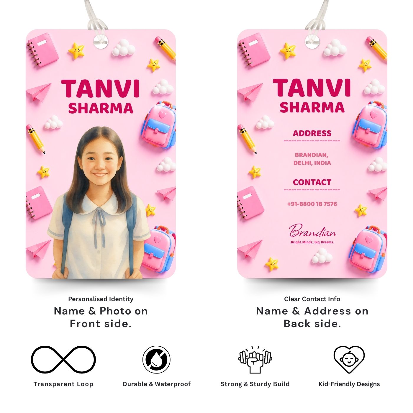Brandian (Pack of 2) Personalized Bag Tags for Kids – Pink Theme | Custom Name, Photo & Contact Info | School Bag, Travel, Luggage, Backpack ID Labels | Durable with Silicone Loop