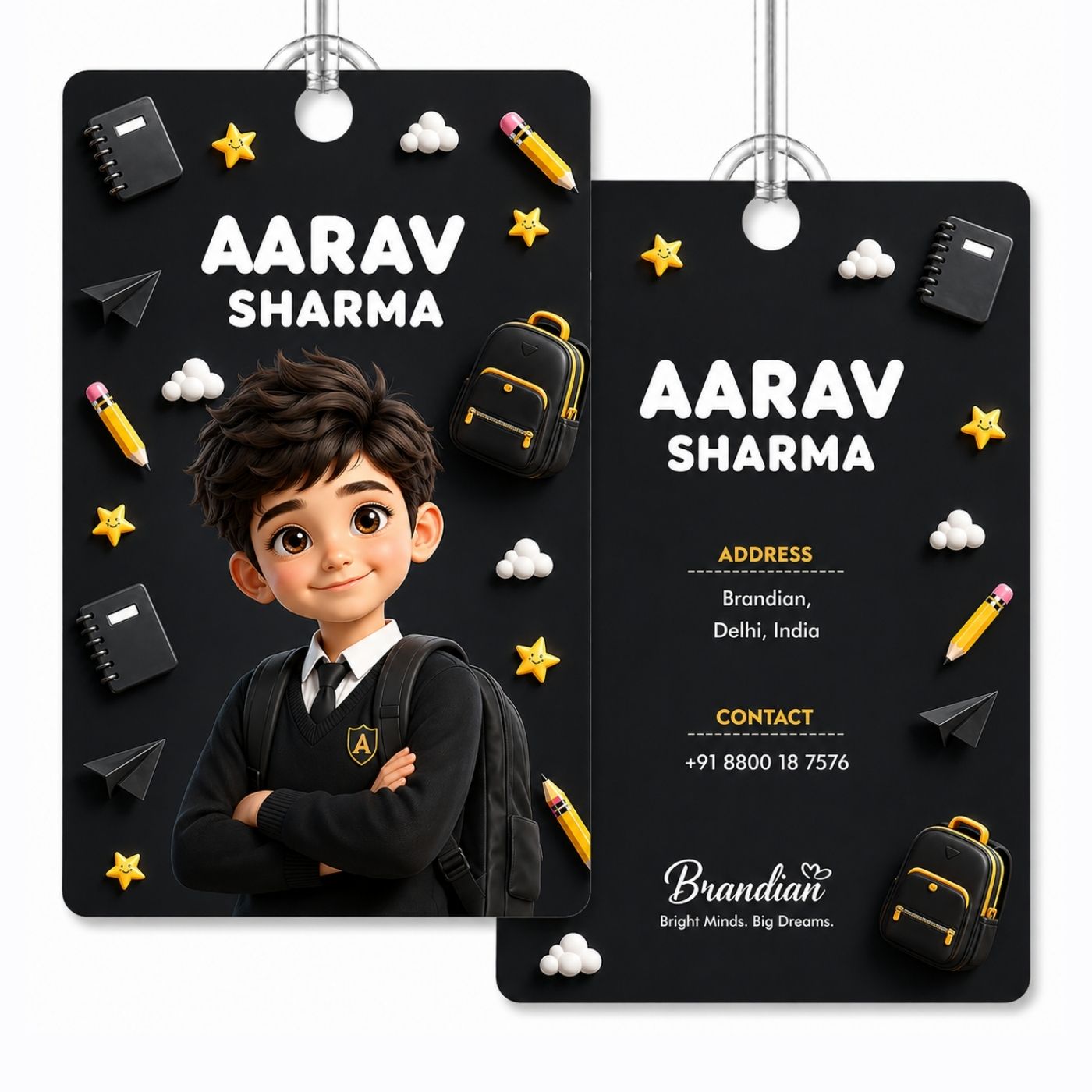 Brandian (Pack of 2) Personalized Bag Tags for Kids – Black Theme | Custom Name, Photo & Contact Info | School Bag, Travel, Luggage, Backpack ID Labels | Durable with Silicone Loop